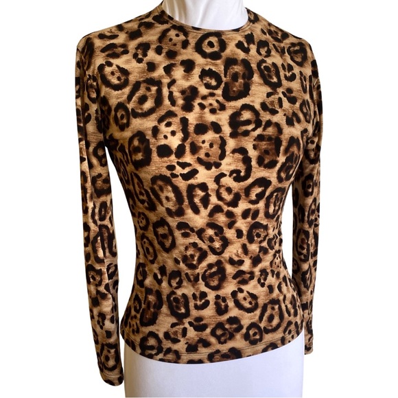LEOPARD PRINT CREW NECK LONG SLEEVE STRETCHY T SHIRT ANIMAL PRINT CHEETAH PRINT - Picture 1 of 5